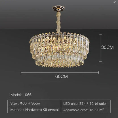 A luxurious two-tiered decorbites crystal chandelier with cascading clear k9 prisms and polished chrome frame for dining rooms