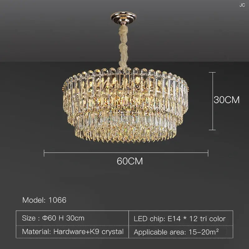 A luxurious two-tiered decorbites crystal chandelier with cascading clear k9 prisms and polished chrome frame for dining rooms