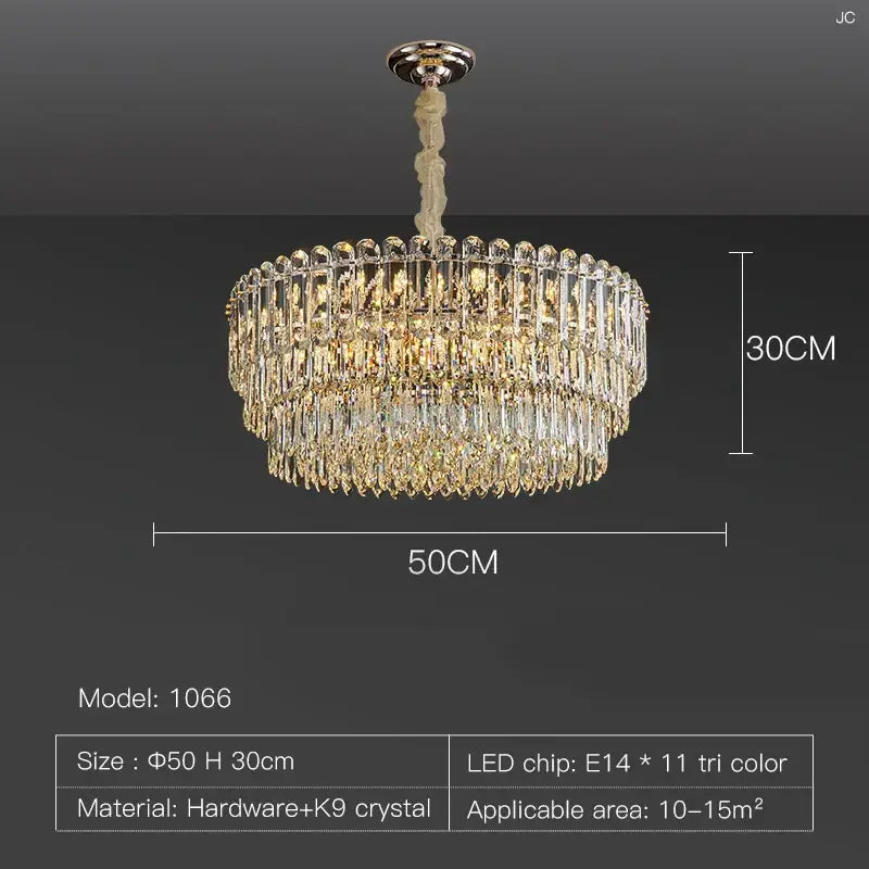 Postmodern clear and gold decorbites crystal chandelier with cascading k9 crystals and polished chrome finish for dining room