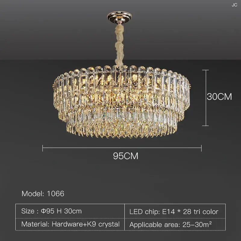 A luxurious two-tiered decorbites crystal chandelier with clear and gold k9 crystals for dining room decor