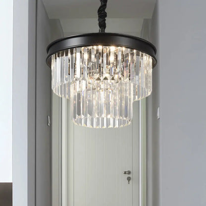 Lámpara de techo escalonada de cristal transparente posmoderno, 9/12 luces, negra, 40,6/58,4 cm de ancho