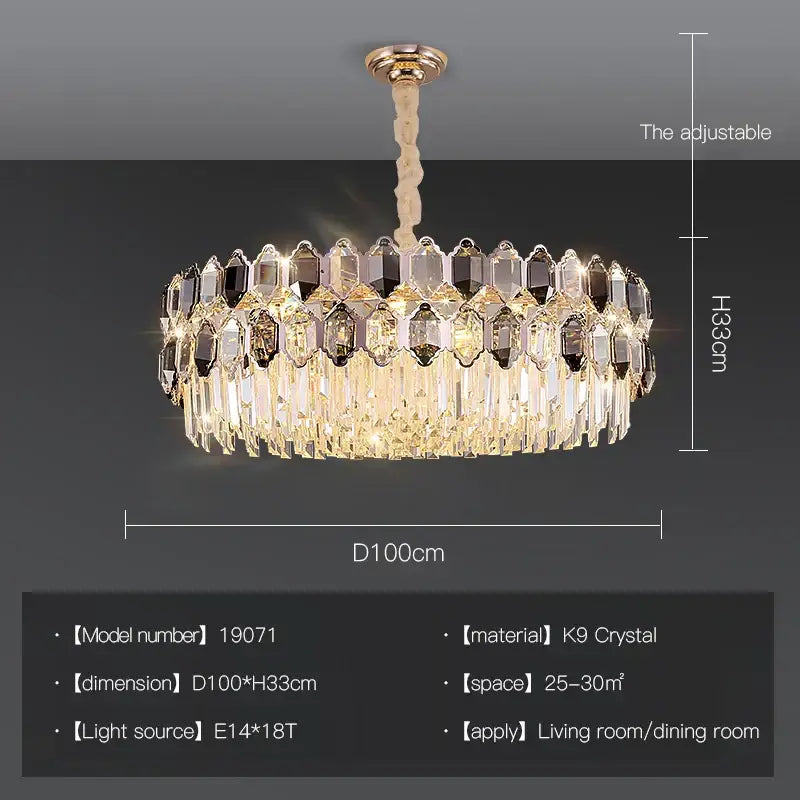 A luxurious postmodern decorbites crystal chandelier with clear and dark tiered crystals and gold-toned chain for living room