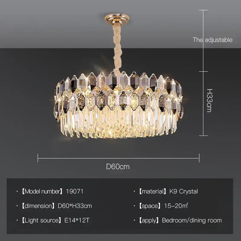 A luxurious postmodern decorbites crystal chandelier with gold-toned mount and clear k9 crystal prisms in living room