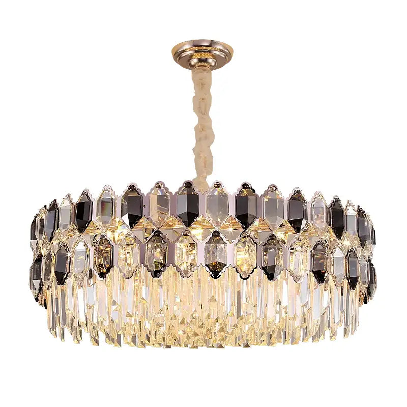 Elegant postmodern decorbites crystal chandelier with gold mount and clear amber black faceted tiered crystals for living room