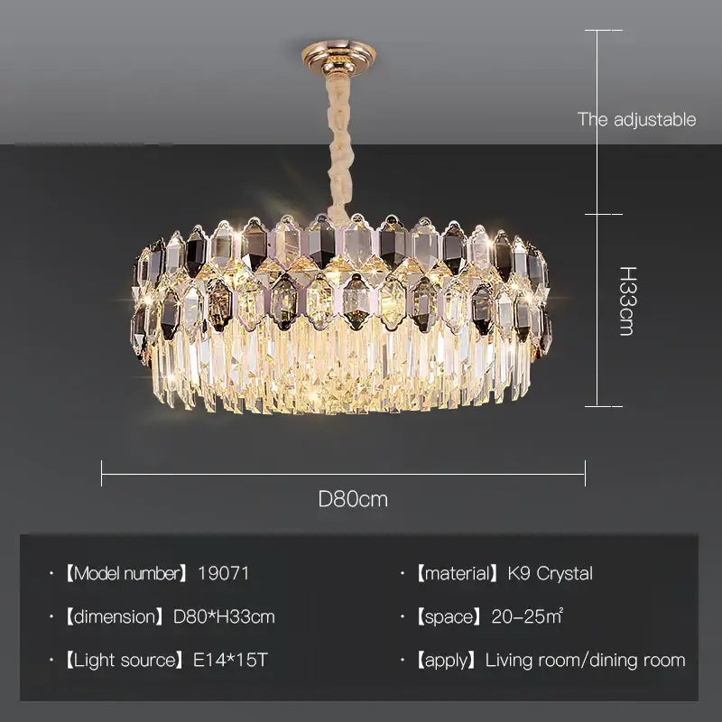 A luxurious postmodern decorbites crystal chandelier with clear and dark tiered prisms and a gold-toned mount