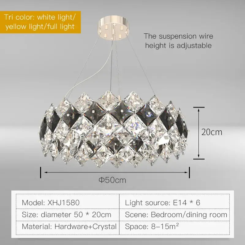 A postmodern decorbites crystal chandelier with clear and smoky faceted crystals in geometric diamond patterns