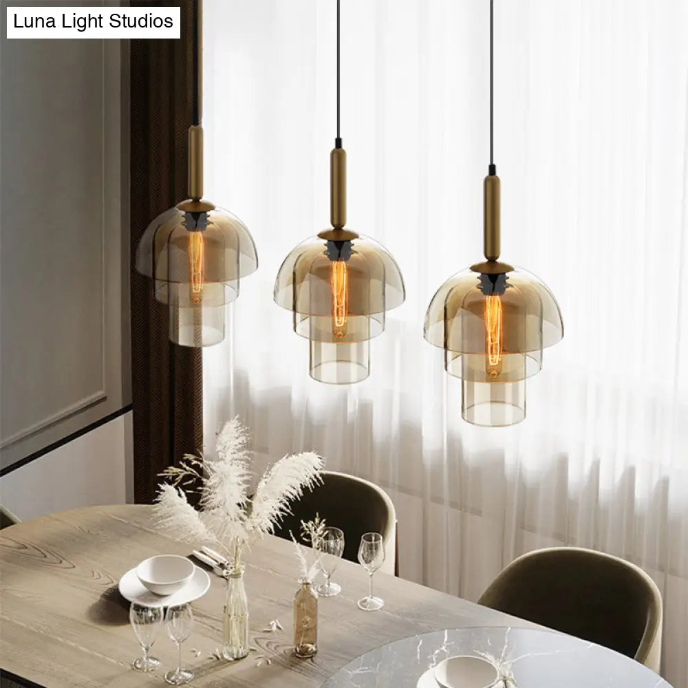 Postmodern Cognac Glass Pendant Light Fixture - Brass, 3-Shade, 1 Bulb - Ideal for Dining Room Hanging