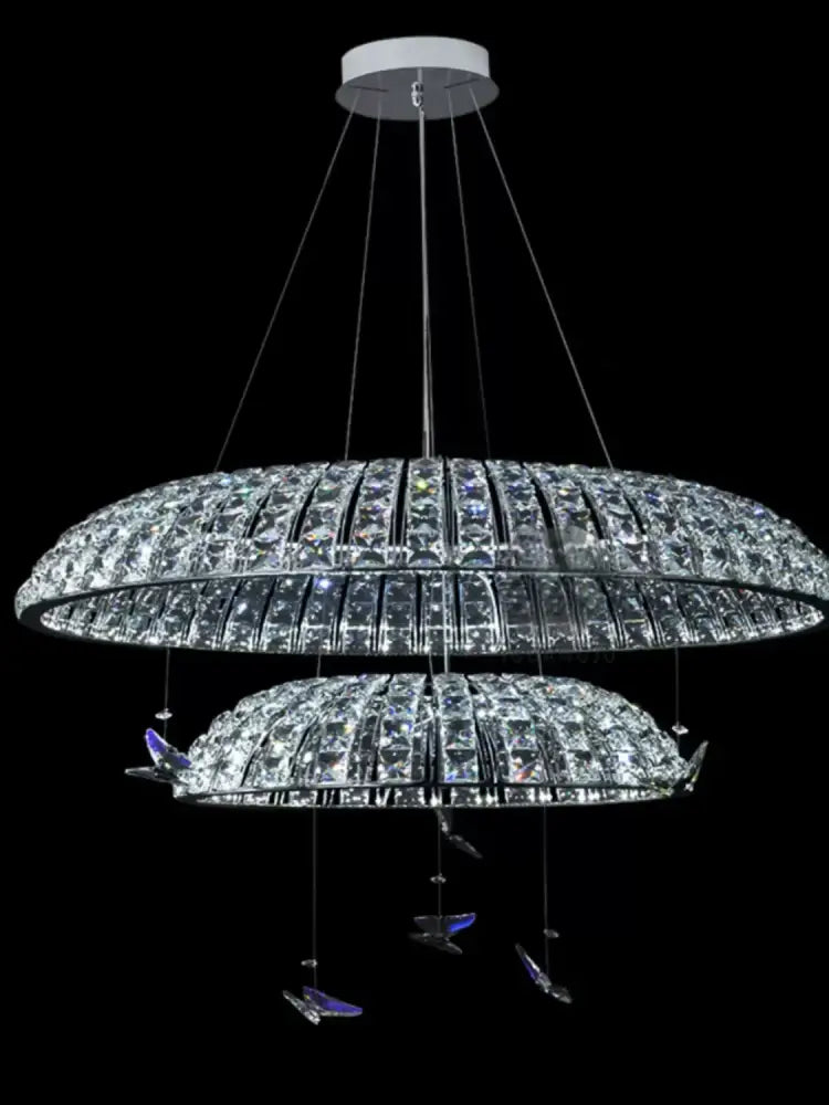 Postmodern two-tiered crystal butterfly pendant light with chrome finish and purple accents for living room decorbites crystal butterfly