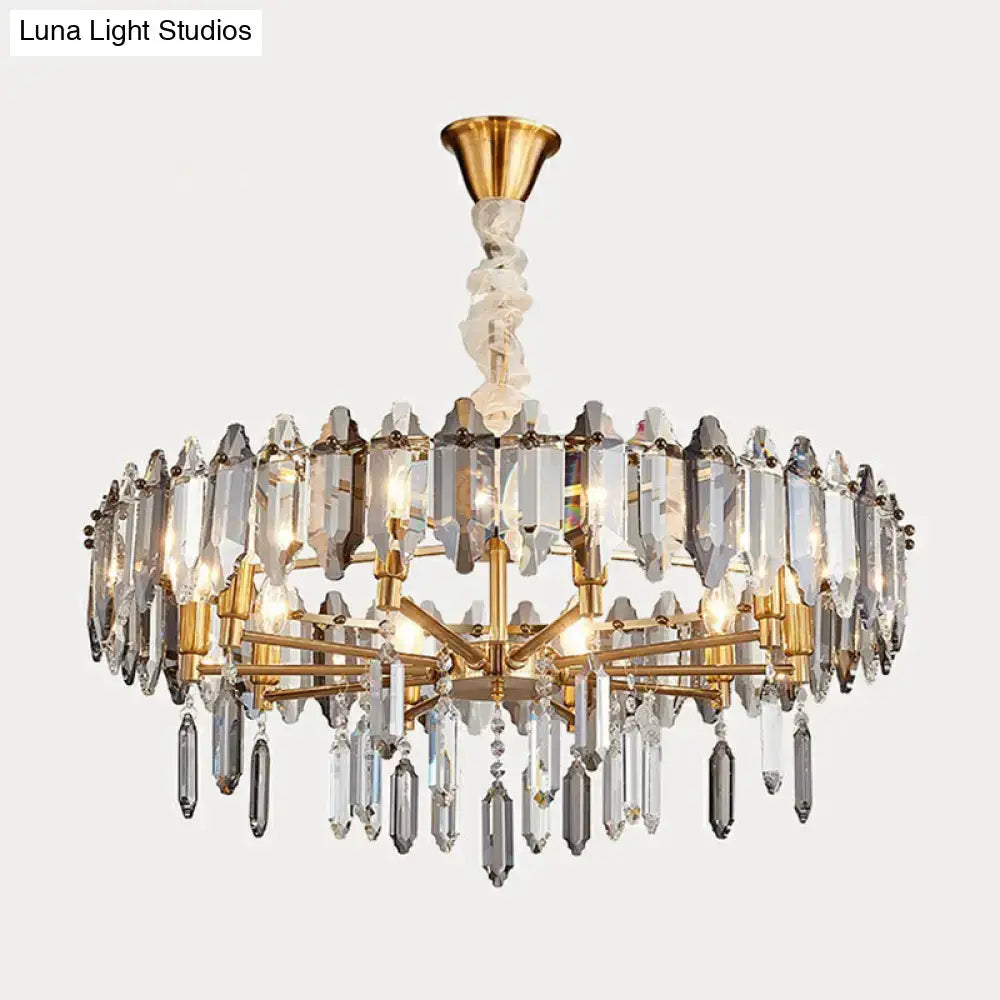 Elegant gold-toned DecorBites™ postmodern crystal chandelier with clear loop shade for living room lighting
