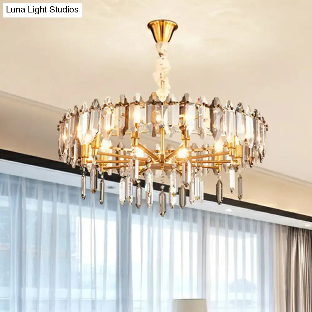 Gold-toned DecorBites™ postmodern crystal chandelier with clear loop shade and faceted accents for living room lighting