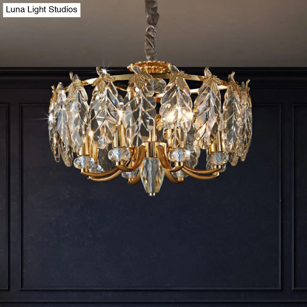 Postmodern Crystal Chandelier with 8 Gold Foliage Heads for Living Room