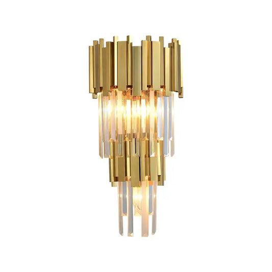 Postmodern crystal golden led wall sconce featuring gold-toned tiered bars and clear crystal accents for living room decorbites decor