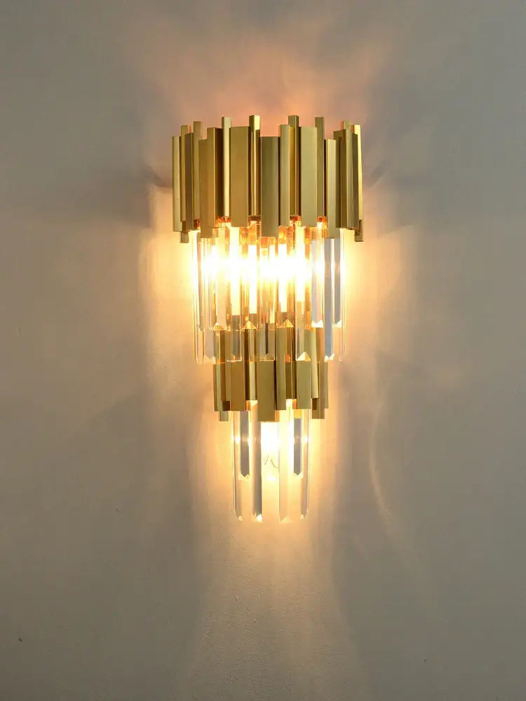 Postmodern crystal golden led wall sconce with vertical brass bars and clear crystal accents for living room decorbites crystal golden