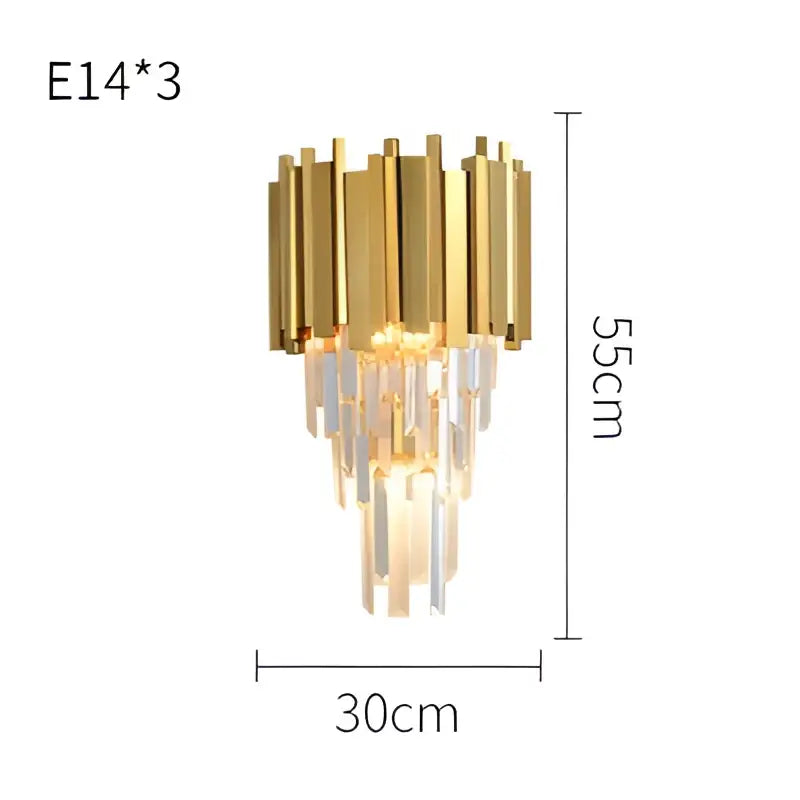 Postmodern crystal golden led wall sconce featuring three vertical gold-toned arms with cascading clear prisms decorbites crystal golden
