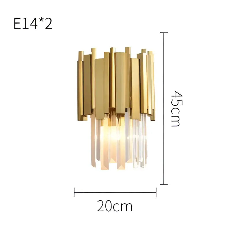 Postmodern wall sconce with vertical brass bars and hanging crystal droplets decorbites crystal golden led light