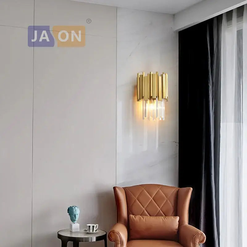 Postmodern crystal golden led wall sconce with vertical bars and clear crystal accents for living room decorbites crystal golden