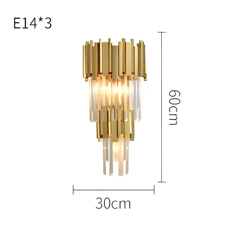 Postmodern decorbites crystal golden led wall sconce with three-tier cylindrical brass fixtures and clear crystal accents