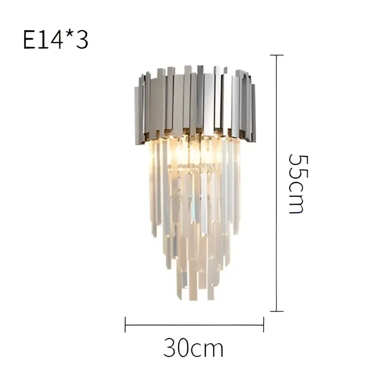 Modern chrome-finished wall sconce with cascading crystal golden led prisms, 55cm tall by 30cm wide by decorbites crystal golden