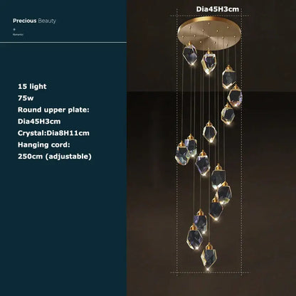 A postmodern stone copper chandelier with gold circular top and 15 dark blue faceted crystals for staircase lighting