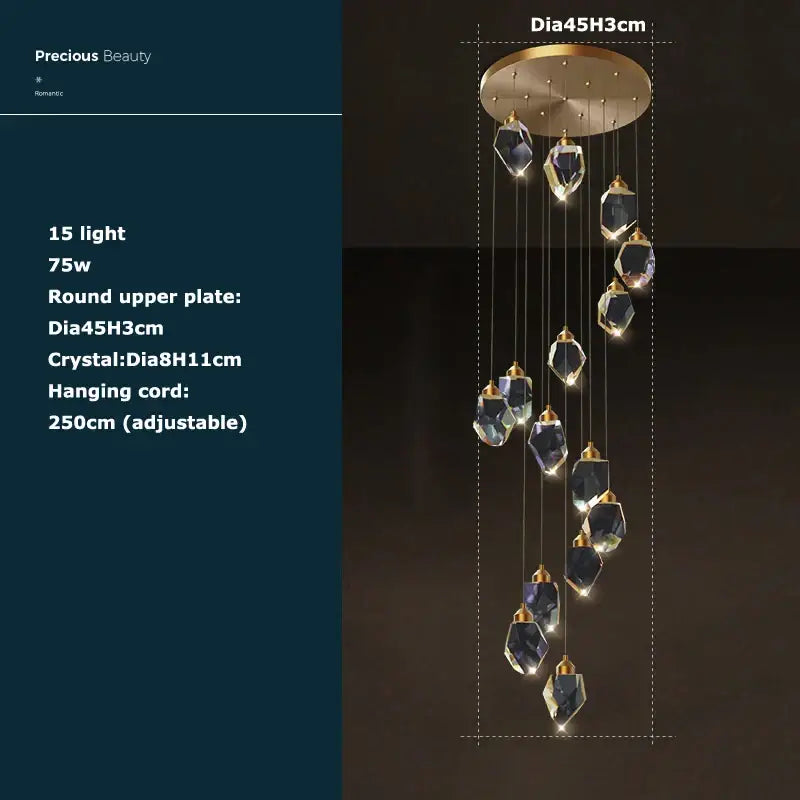 A postmodern stone copper chandelier with gold circular top and 15 dark blue faceted crystals for staircase lighting