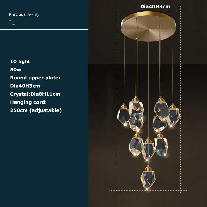 Gold-toned postmodern stone copper chandelier with faceted crystal stone droplets and round upper plate for staircase lighting