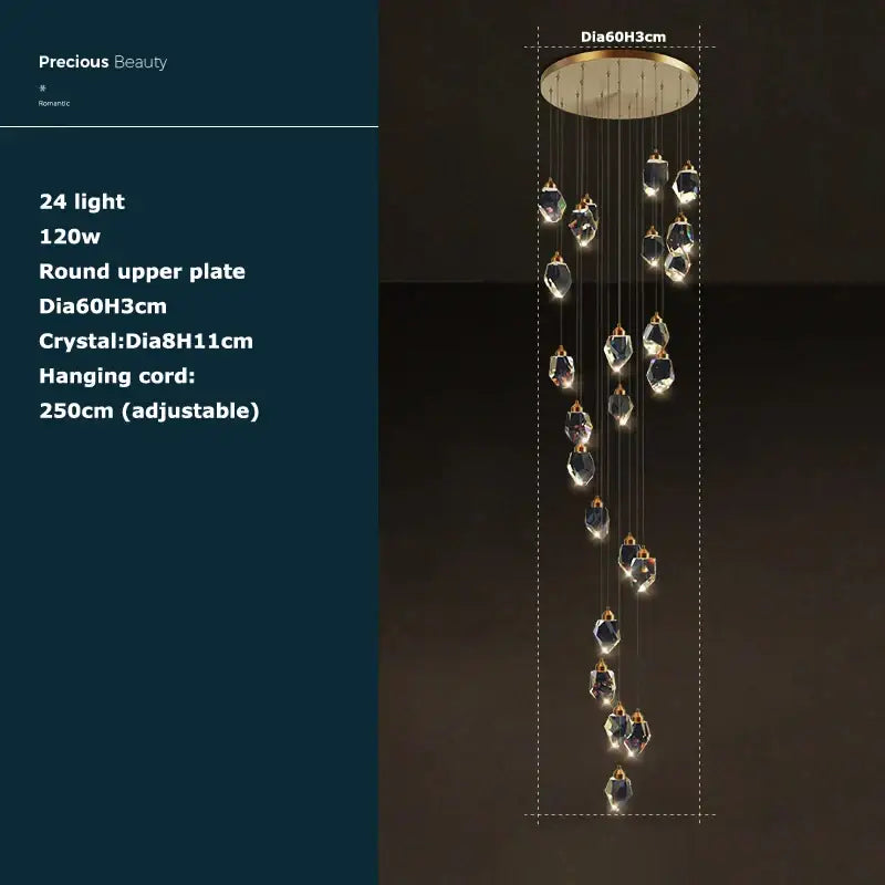 Elegant gold-toned postmodern crystal stone copper chandelier with 24 faceted droplets for staircase lighting decorbites crystal stone