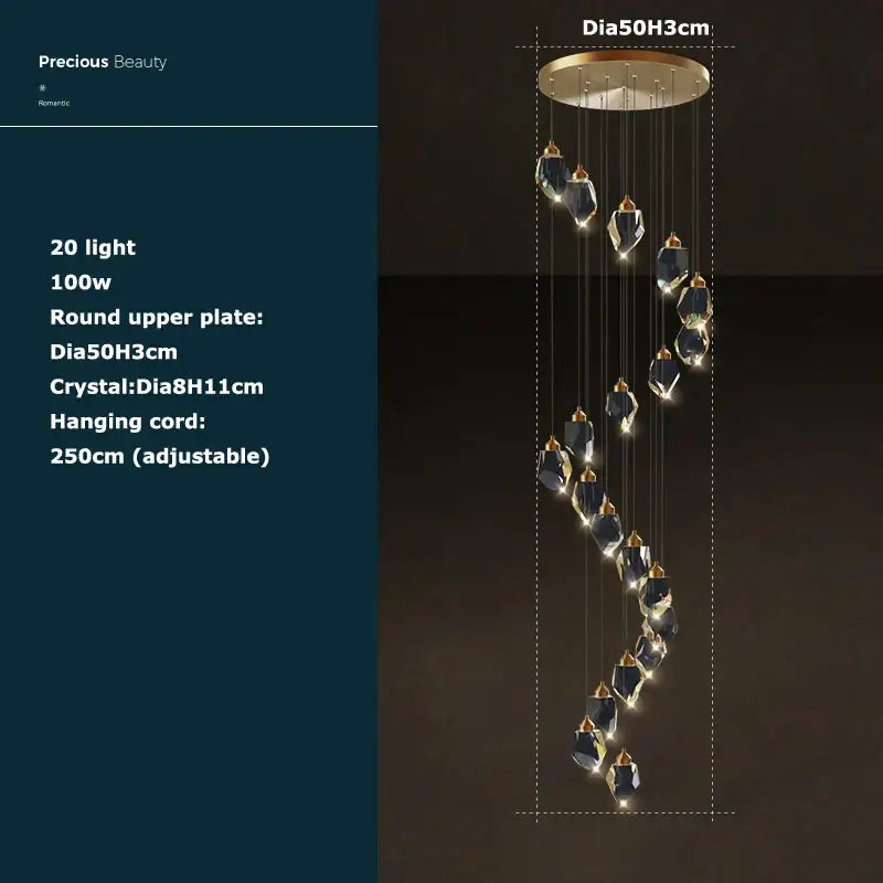 Elegant black crystal stone copper chandelier with gold-toned accents and round upper plate for staircase lighting decorbites crystal stone