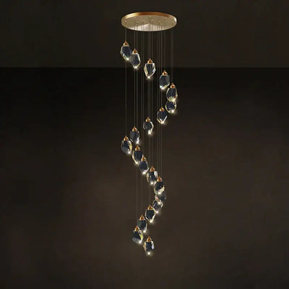 Postmodern decorbites crystal stone copper chandelier with gold circular mount and dark blue pendants for staircase lighting
