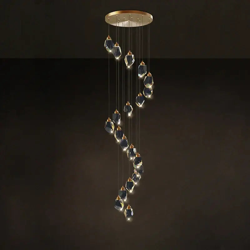 Postmodern decorbites crystal stone copper chandelier with gold circular mount and dark blue pendants for staircase lighting