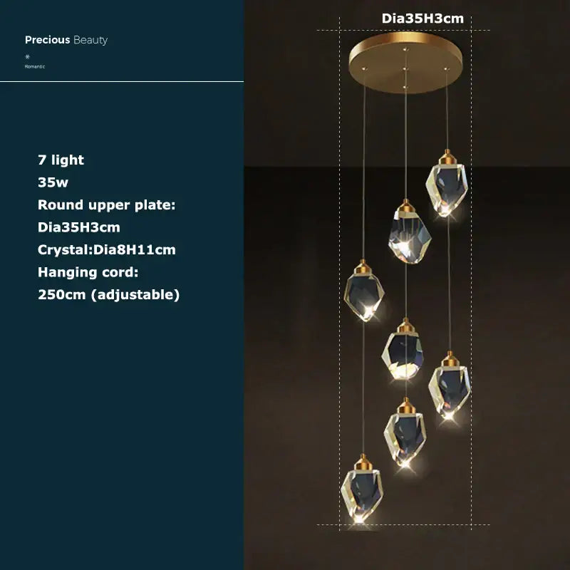 Gold-toned postmodern crystal stone copper chandelier with seven faceted crystal droplets for staircase lighting