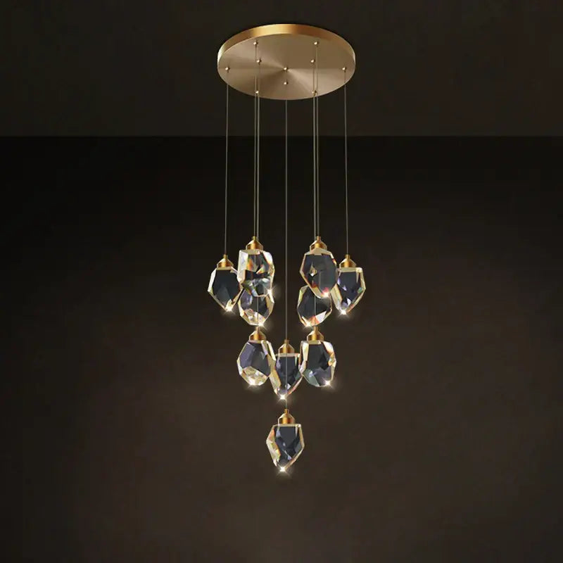 Postmodern crystal stone copper chandelier with gold-toned mount and faceted pendants for staircase lighting decorbites crystal stone