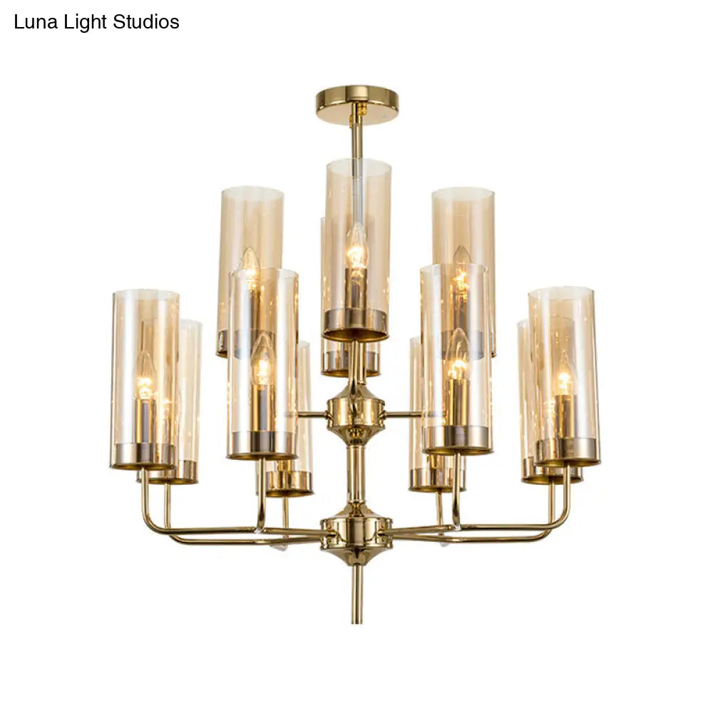 Lámpara colgante cilíndrica posmoderna: cristal azul/coñac, 12 luces, kit de iluminación para lámpara de araña de comedor