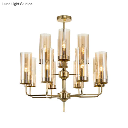 Lámpara colgante cilíndrica posmoderna: cristal azul/coñac, 12 luces, kit de iluminación para lámpara de araña de comedor