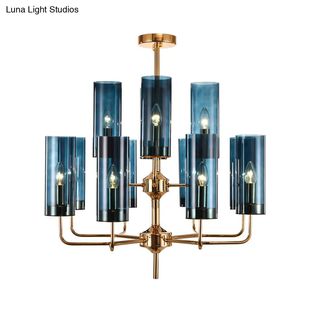 Lámpara colgante cilíndrica posmoderna: cristal azul/coñac, 12 luces, kit de iluminación para lámpara de araña de comedor