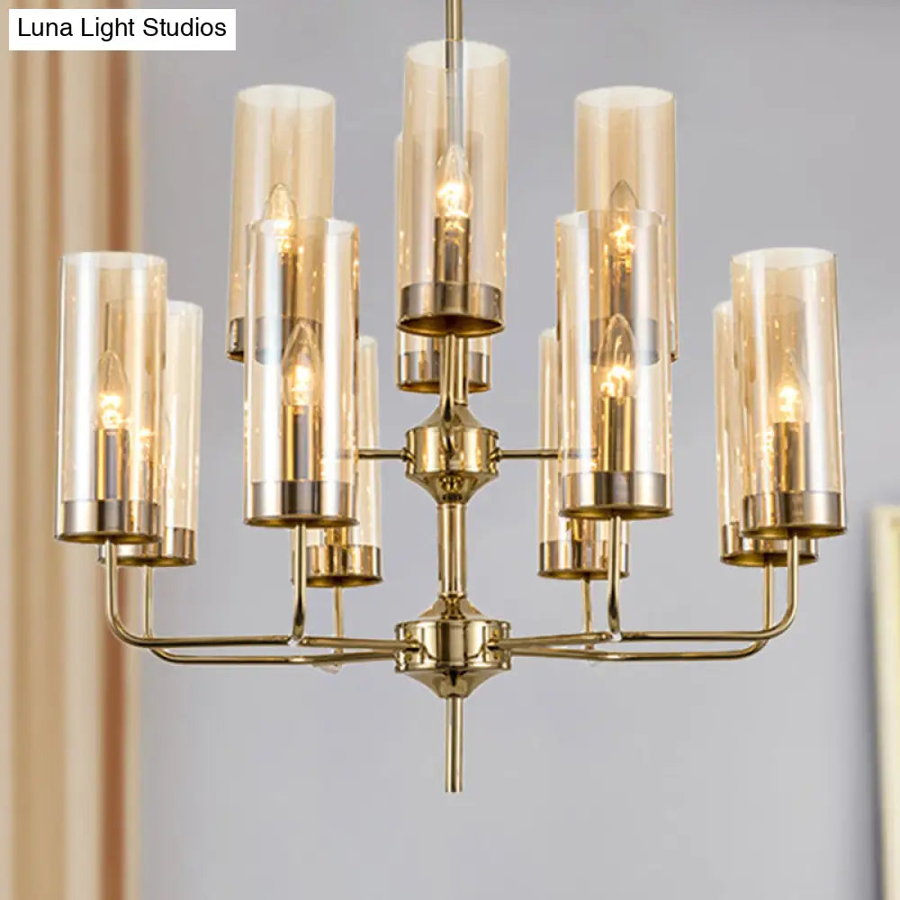 Lámpara colgante cilíndrica posmoderna: cristal azul/coñac, 12 luces, kit de iluminación para lámpara de araña de comedor