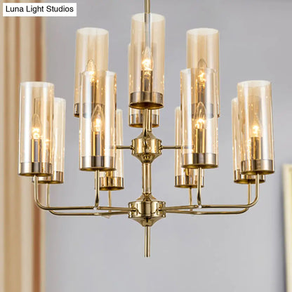 Lámpara colgante cilíndrica posmoderna: cristal azul/coñac, 12 luces, kit de iluminación para lámpara de araña de comedor