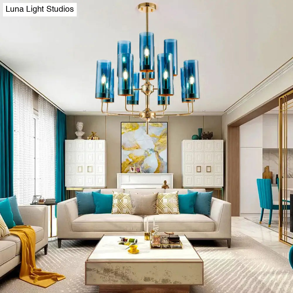 Lámpara colgante cilíndrica posmoderna: cristal azul/coñac, 12 luces, kit de iluminación para lámpara de araña de comedor