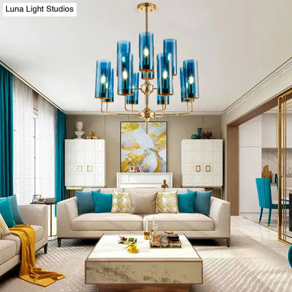 Lámpara colgante cilíndrica posmoderna: cristal azul/coñac, 12 luces, kit de iluminación para lámpara de araña de comedor