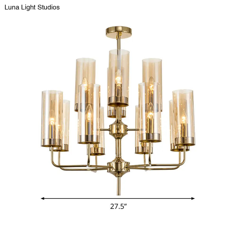 Lámpara colgante cilíndrica posmoderna: cristal azul/coñac, 12 luces, kit de iluminación para lámpara de araña de comedor