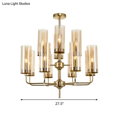 Lámpara colgante cilíndrica posmoderna: cristal azul/coñac, 12 luces, kit de iluminación para lámpara de araña de comedor