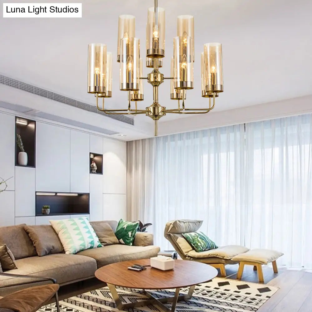 Lámpara colgante cilíndrica posmoderna: cristal azul/coñac, 12 luces, kit de iluminación para lámpara de araña de comedor