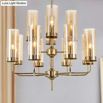 Lámpara colgante cilíndrica posmoderna: cristal azul/coñac, 12 luces, kit de iluminación para lámpara de araña de comedor