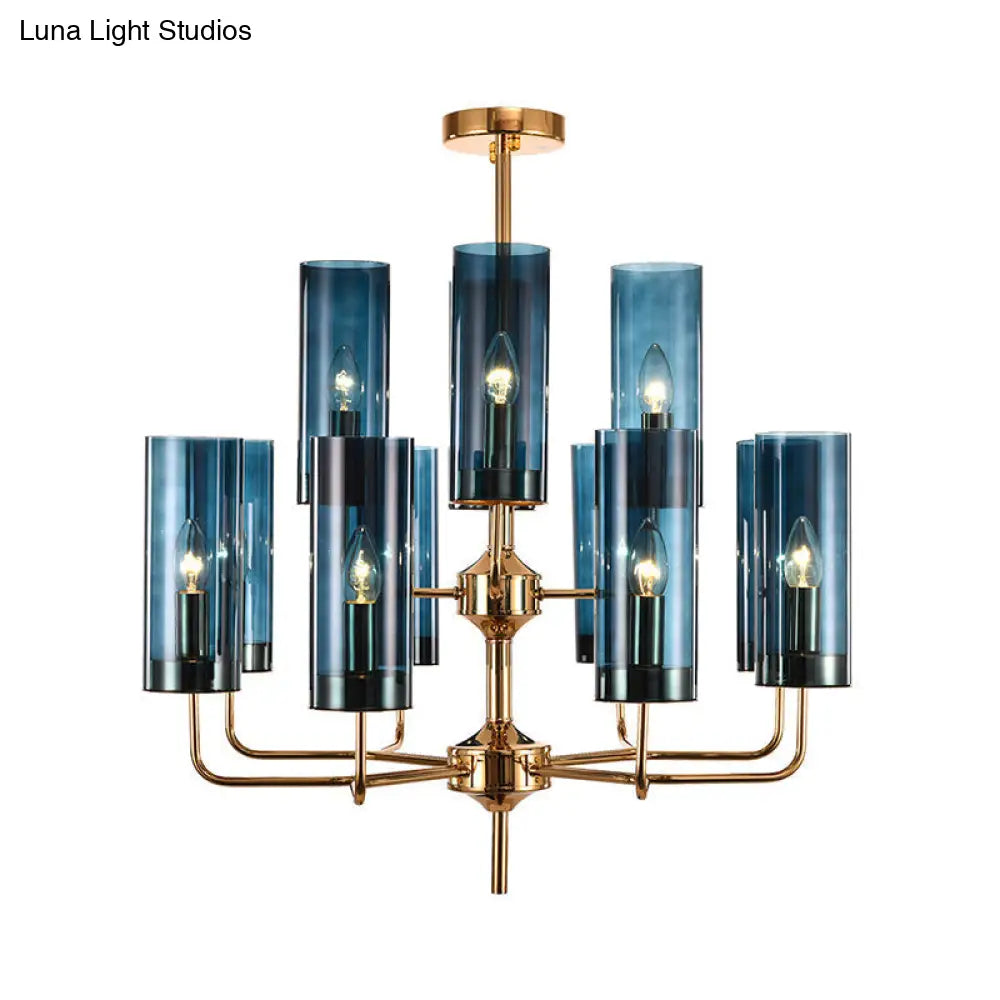 Lámpara colgante cilíndrica posmoderna: cristal azul/coñac, 12 luces, kit de iluminación para lámpara de araña de comedor