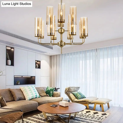 Lámpara colgante cilíndrica posmoderna: cristal azul/coñac, 12 luces, kit de iluminación para lámpara de araña de comedor