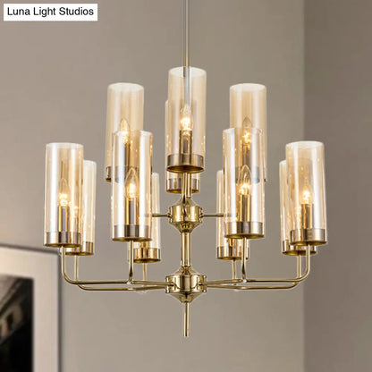 Lámpara colgante cilíndrica posmoderna: cristal azul/coñac, 12 luces, kit de iluminación para lámpara de araña de comedor