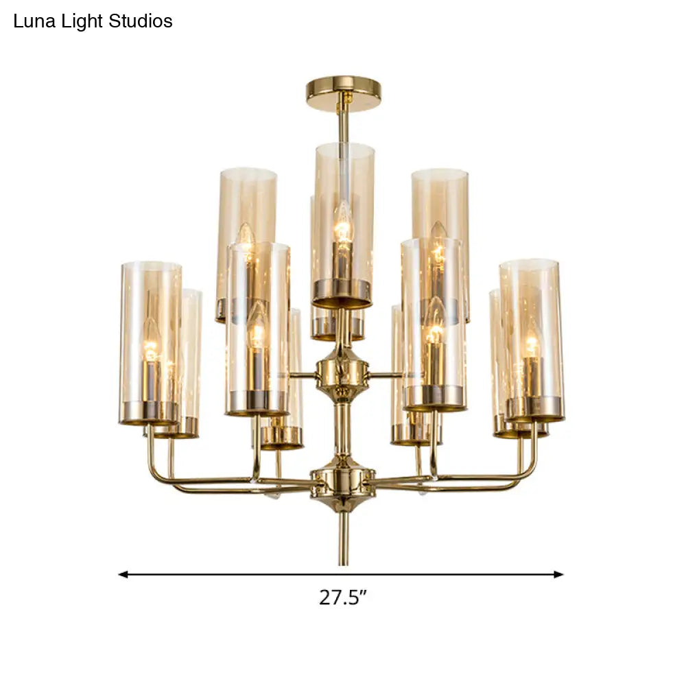 Lámpara colgante cilíndrica posmoderna: cristal azul/coñac, 12 luces, kit de iluminación para lámpara de araña de comedor