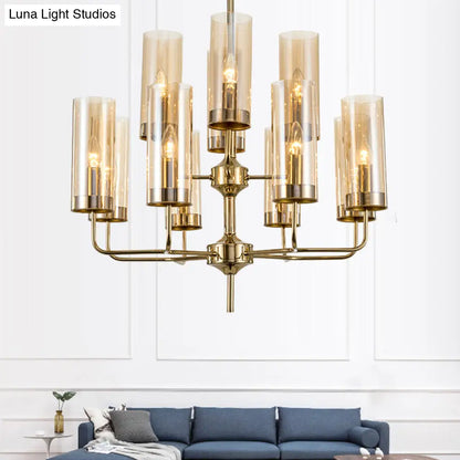 Lámpara colgante cilíndrica posmoderna: cristal azul/coñac, 12 luces, kit de iluminación para lámpara de araña de comedor