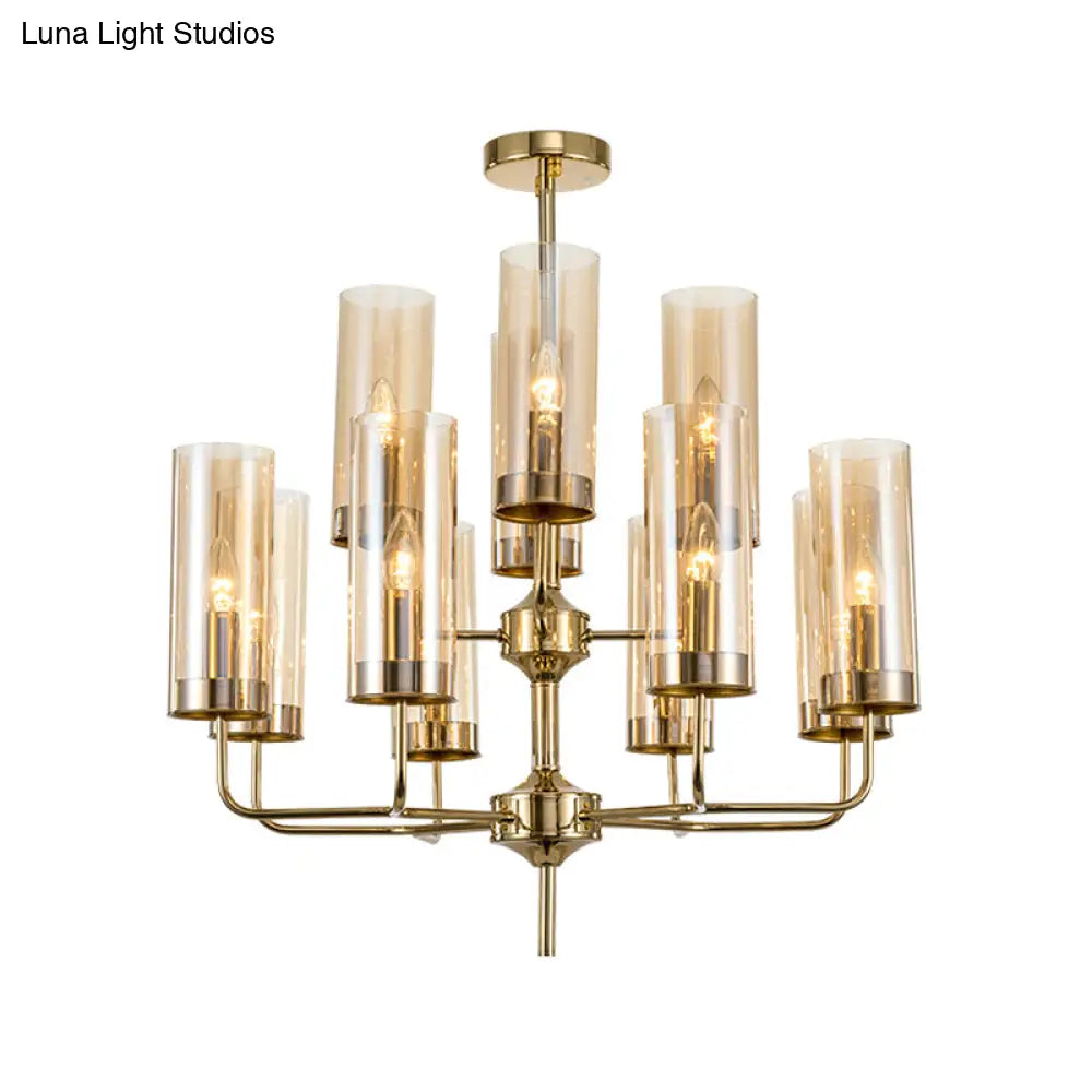 Lámpara colgante cilíndrica posmoderna: cristal azul/coñac, 12 luces, kit de iluminación para lámpara de araña de comedor