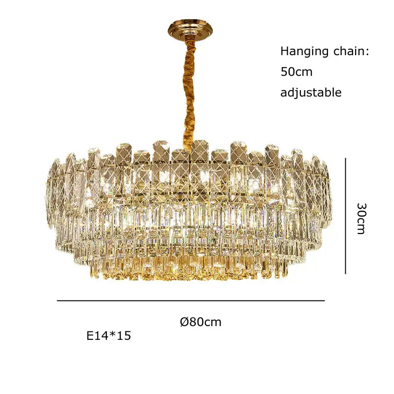 Postmodern decorbites gold lustre chandelier with multiple tiers of clear crystal prisms and textured hanging chain
