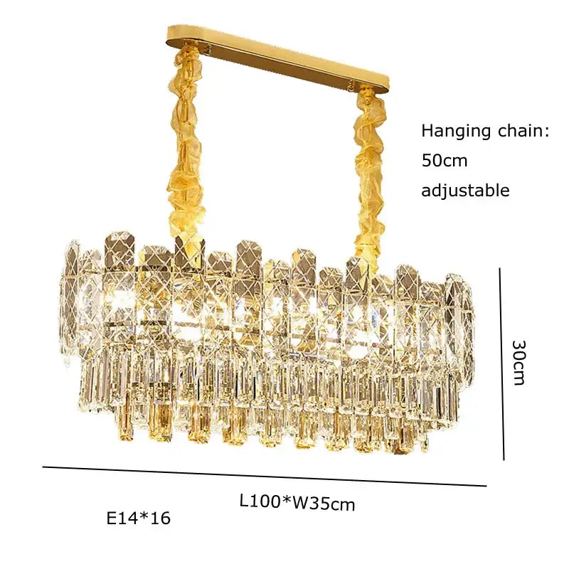 Postmodern decorbites gold lustre chandelier featuring gold-toned frame with cascading crystal prisms for dining room light